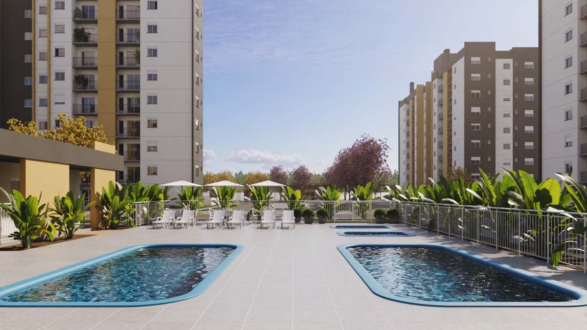 Piscinas do condomínio ORA Canoas entre as torres
